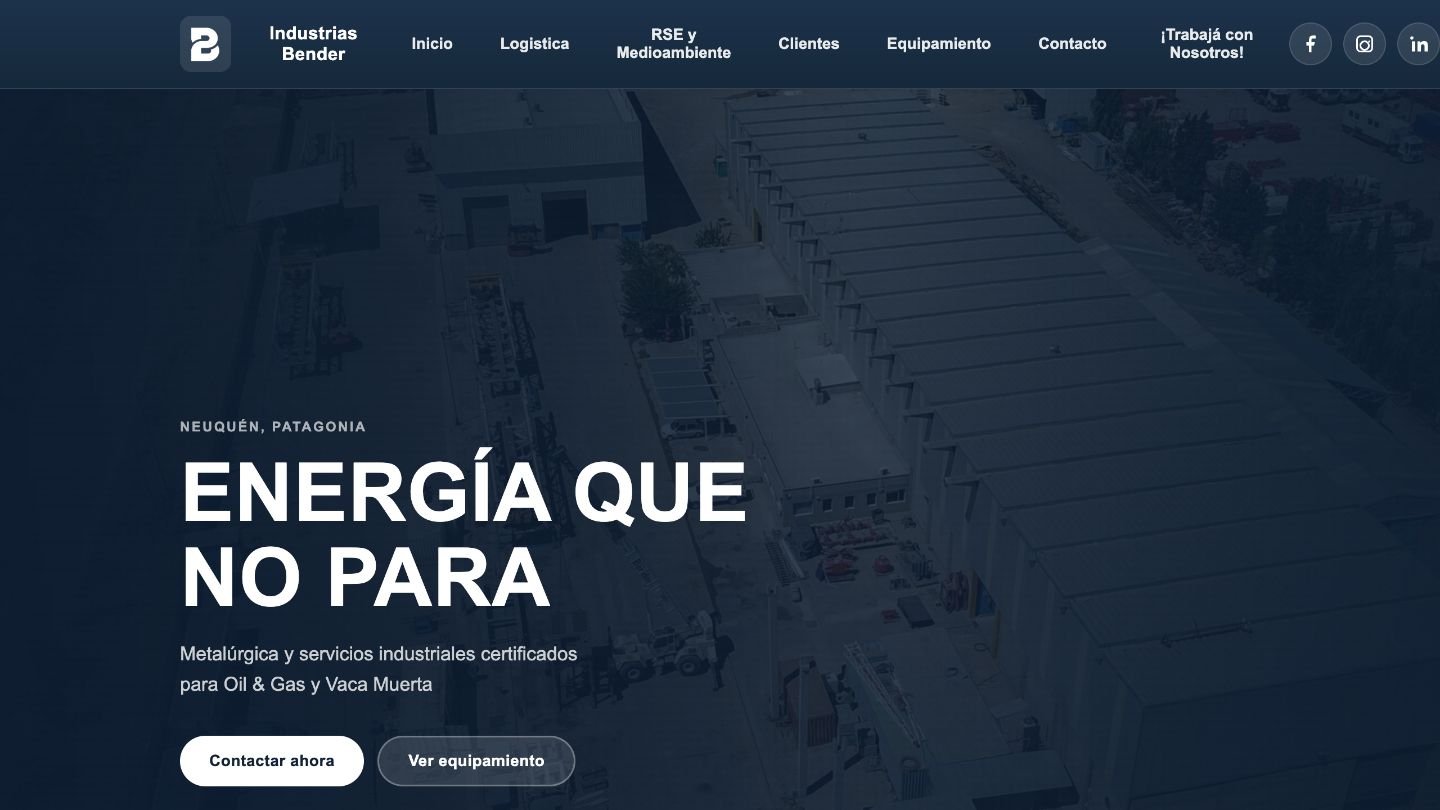 Sitio actual de Industrias Bender, con la portada Energía que no para y accesos a contacto y equipamiento