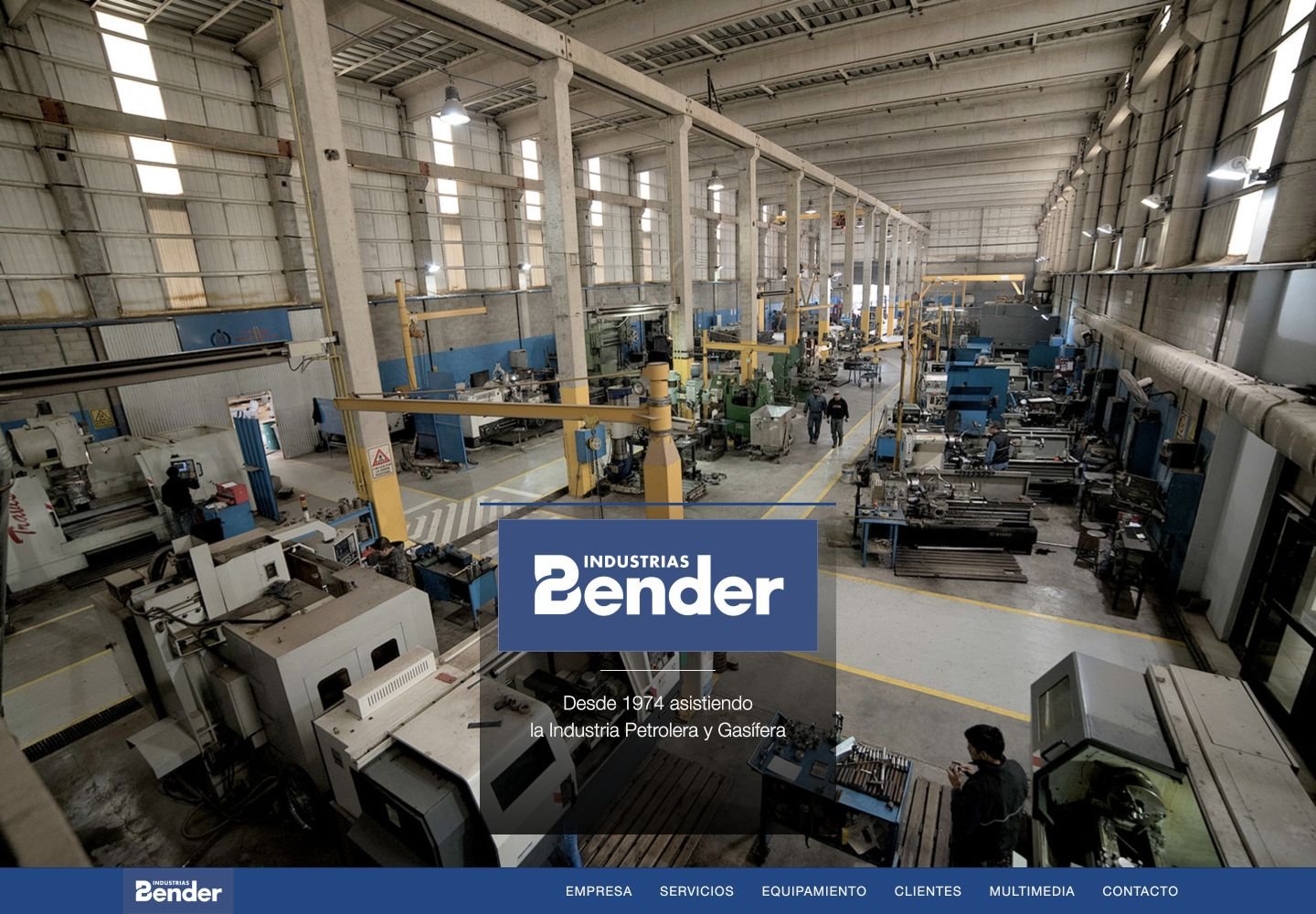 Portada anterior de Industrias Bender: fotografía del taller, logo centrado y menú al pie